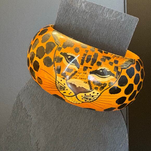 Chunky Leopard Bangle Bracelet Statement Leopard Bracelet Cheetah Face 8" - Picture 1 of 4